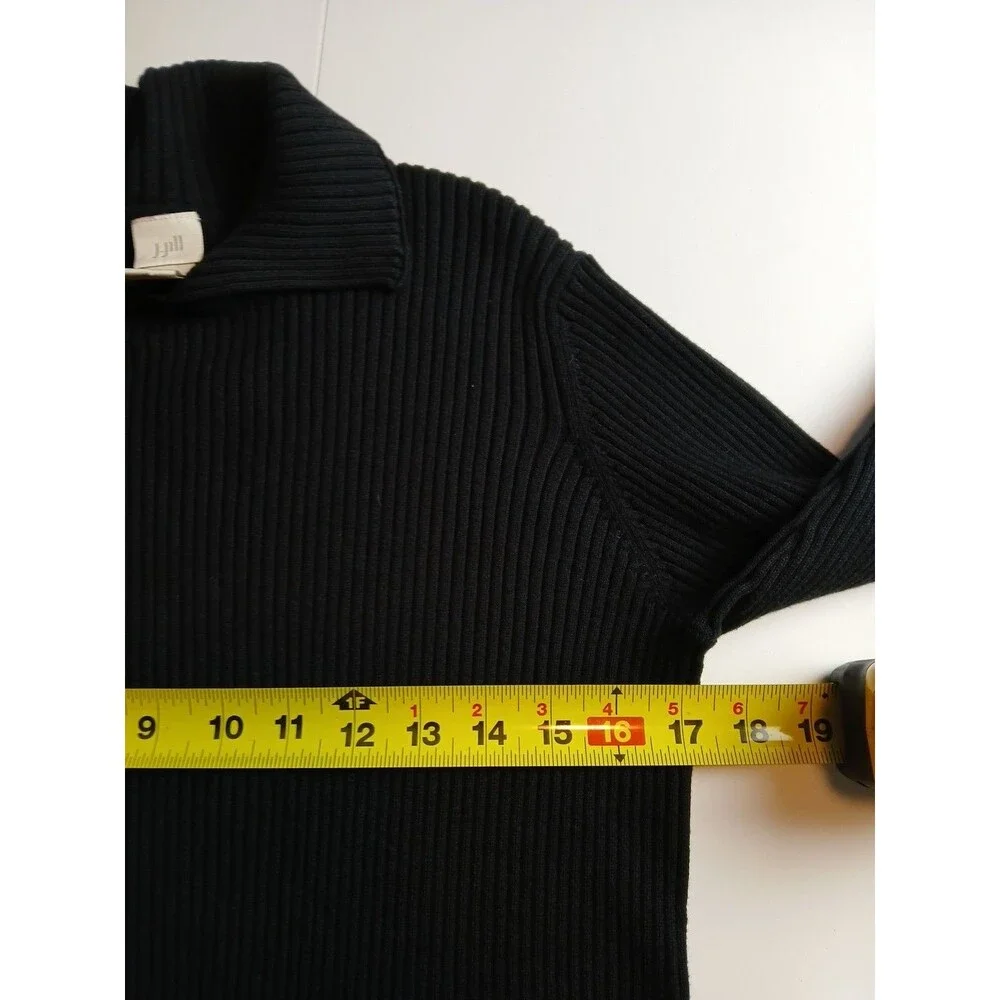 J. Jill Black Knit Johnny Collared Pullover Sweater 100% Cotton 3/4 Sleeve Med